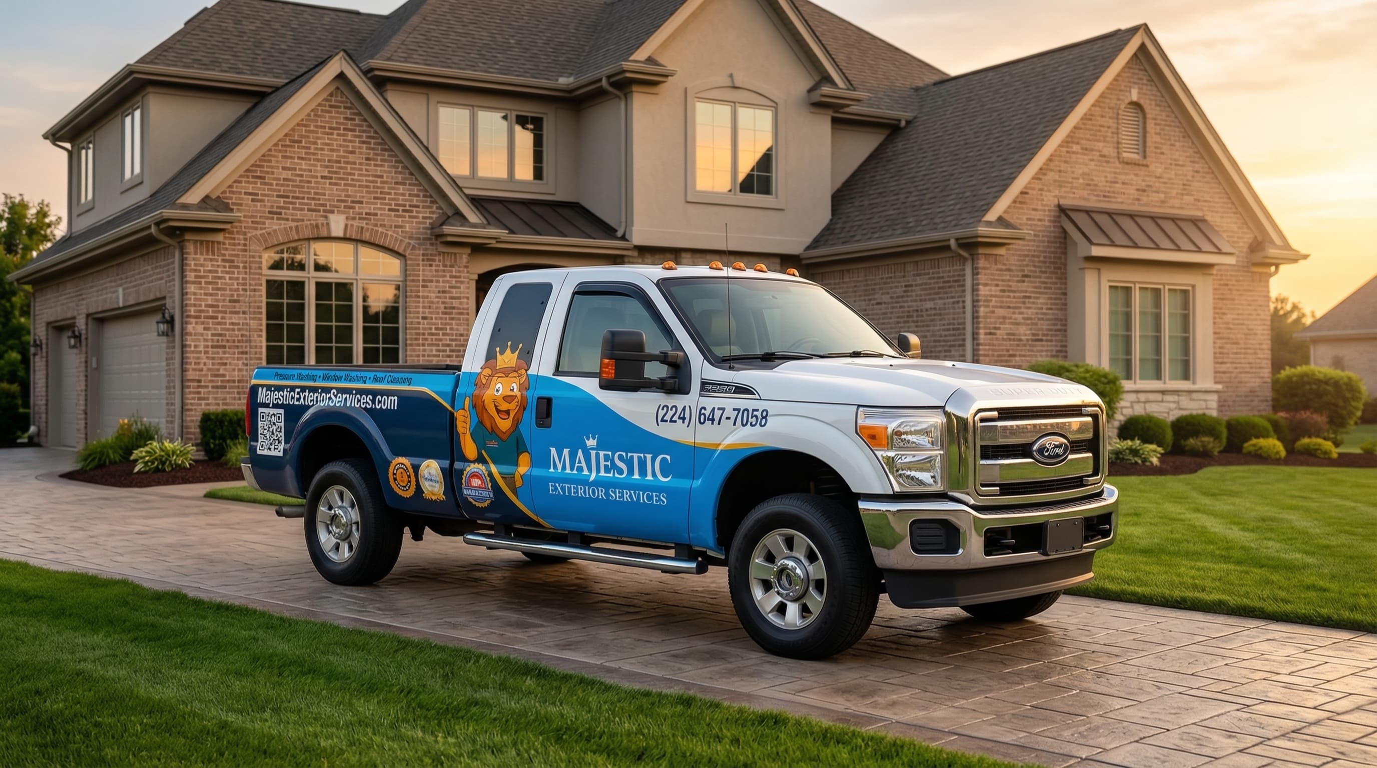 Majestic Exterior Services truck in front of a home